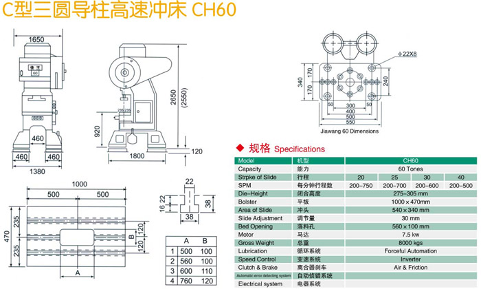 C型三圓導柱沖床CH60參數及規(guī)格