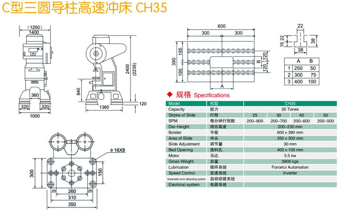 C型三圓導(dǎo)柱沖床CH35參數(shù)規(guī)格