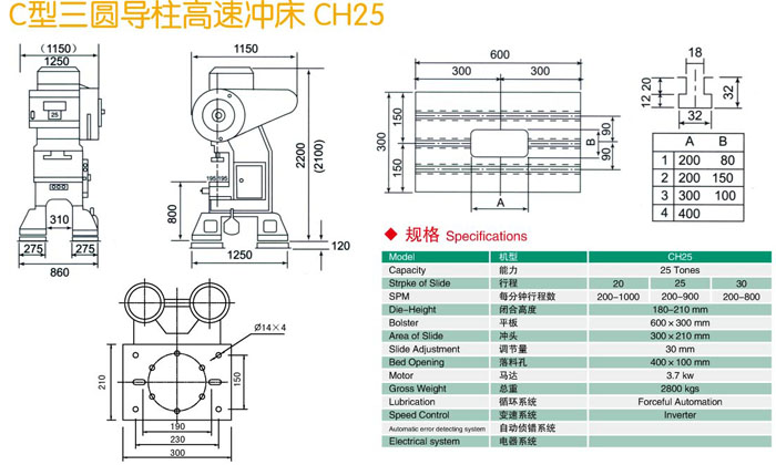 C型三圓導柱沖床CH25參數(shù)